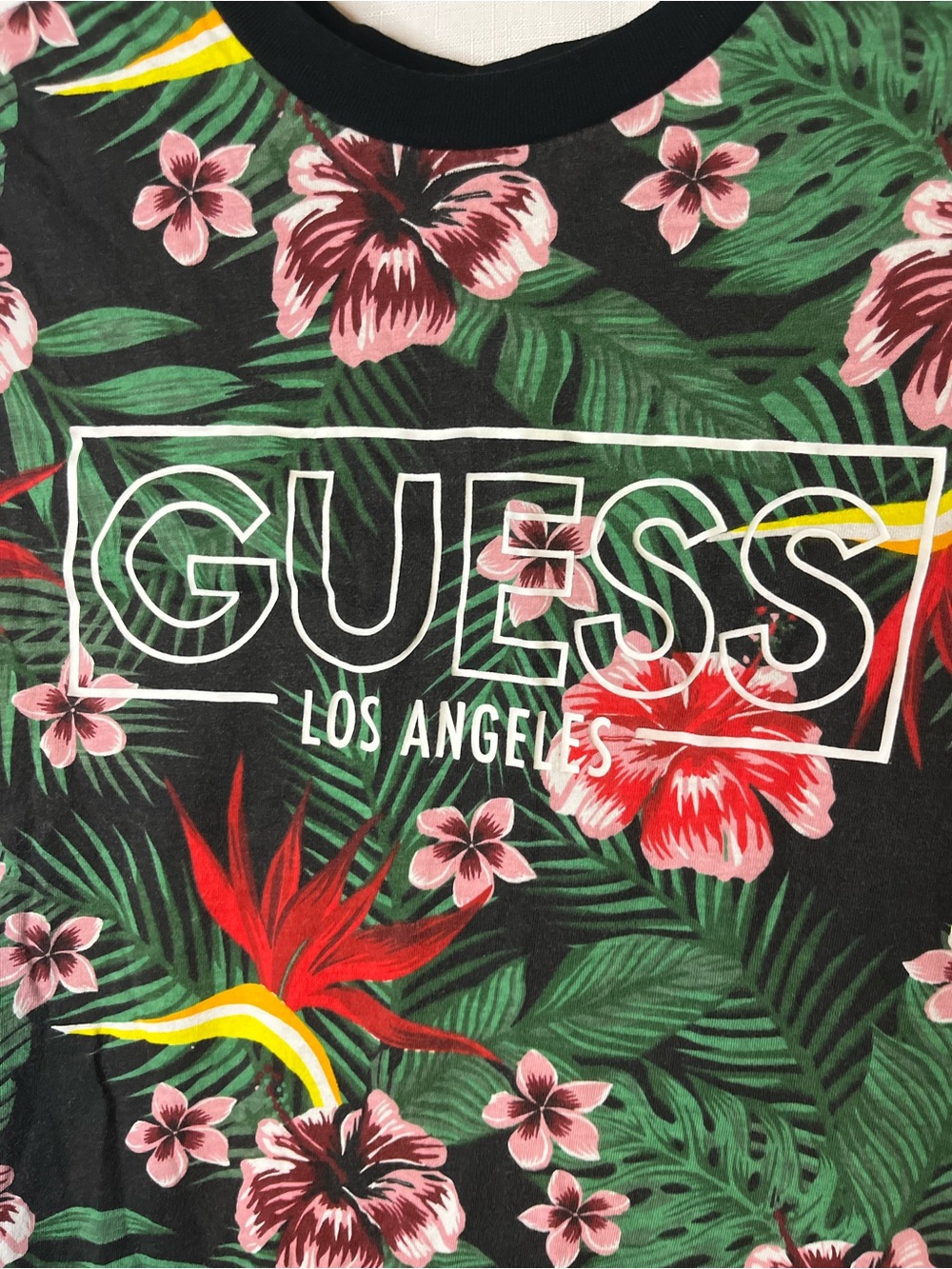 GUESS Black Tropical Floral Logo Tee with Pink & Red Blooms - Picture 3 of 5
